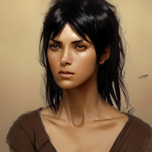 Image similar to woman with short, spiky black hair and dark skin, slanted amber eyes, long thin scar on her face. highly detailed, digital painting, artstation, concept art, sharp focus, beautiful face, expressive eyes, illustration, art by Artgerm and greg rutkowski and alphonse mucha