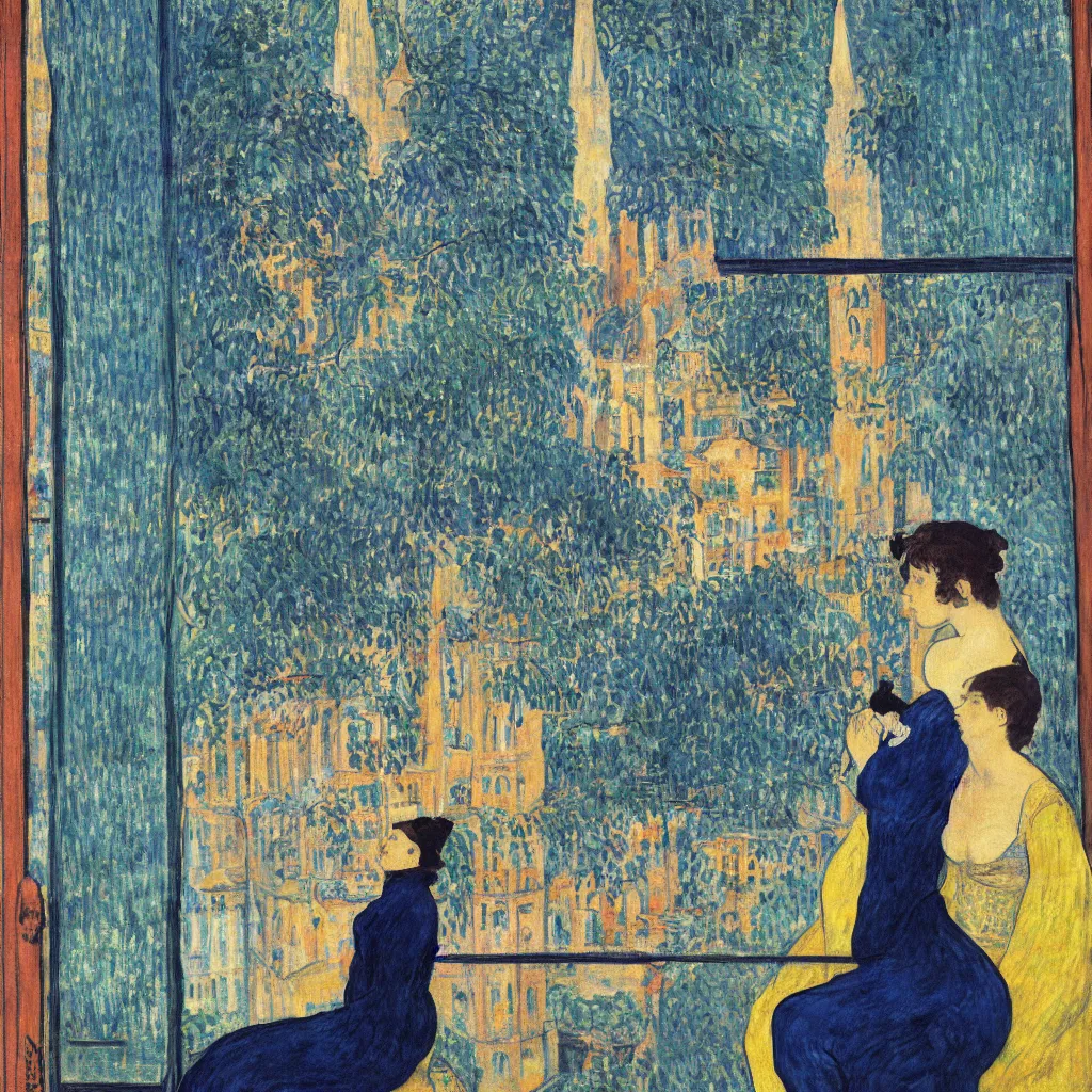 Prompt: woman and cat with city with tall trees and gothic cathedral seen from a window frame with curtains. dark indigo blue, turquoise, gold, earth brown. night with star. bonnard, henri de toulouse - lautrec, utamaro, matisse, monet