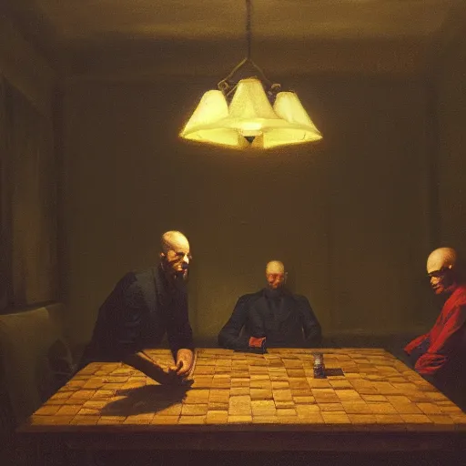 Prompt: covert shadow figures of men in a dark room with a chequered floor conversing around a table in secrecy, moody and atmospheric, dramatic scene, dimly lit room, cgsociety, 8k resolution, trending on artstation, octane render by Quint Buchholz, Pieter Claesz and edward hopper