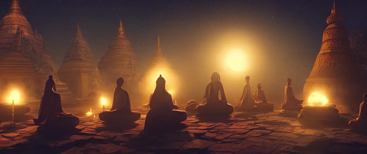 Image similar to ' witches meditating near buddhist stupa, high - tech space cult, dramatic lighting, epic, octane render, volumetric light, unreal engine, artbreeder, 8 k, background, scene, digital, artwork, high quality, 8 k''