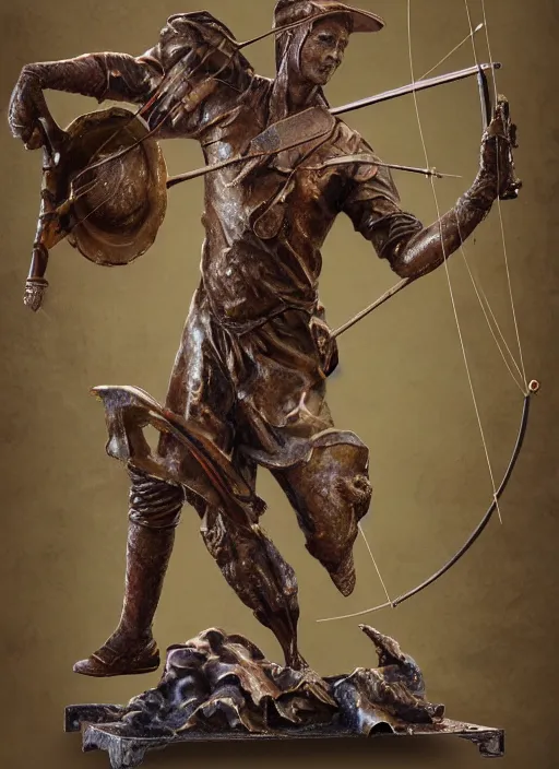Prompt: An epic fantastic realism comic book style painting of a distressed bronze archery sculpture from the future by Stanislaw Szukalski, beautiful colorful flowers rain down, gilded marbled paper background, winged archer, fisheye lens, unreal 5, DAZ, hyperrealistic, octane render, dynamic lighting