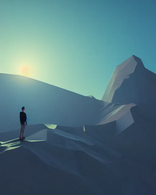 Image similar to a man standing in the middle of a mountain, a low poly render by filip hodas, behance contest winner, environmental art, rendered in cinema 4 d, volumetric lighting, low poly