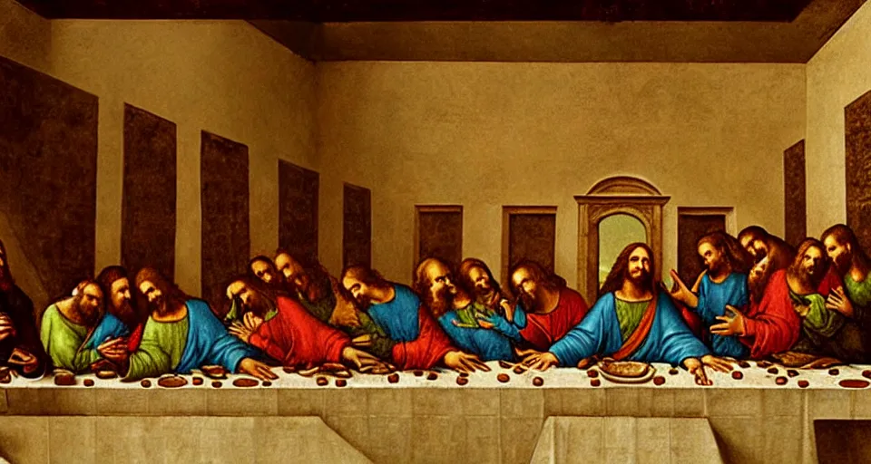 Image similar to The last supper, but Jesus is the DJ (disc jesus), painting by Leonardo da Vinci