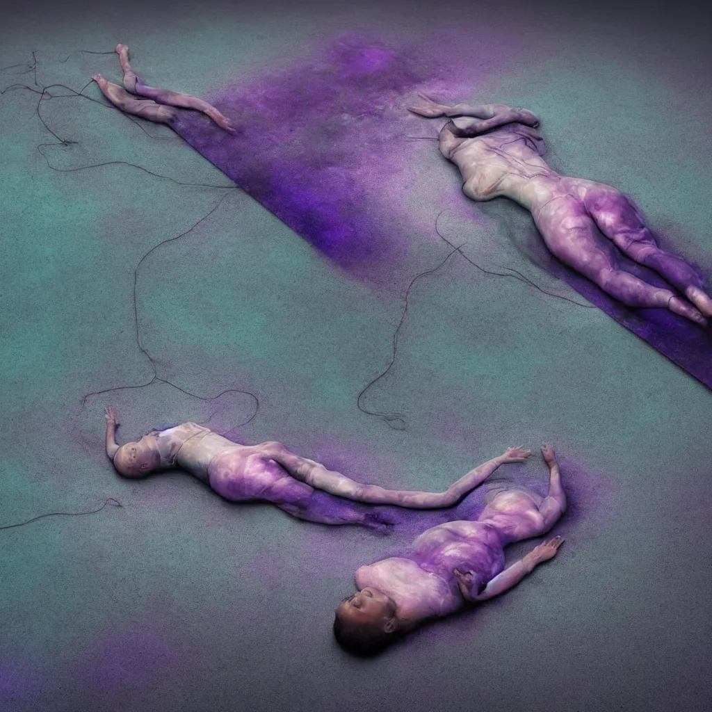 Image similar to macro of iridiscent oil spill with women corpses connected by cables and computers to wax forms to a buried baby relaxing on yoga mat, faded, iridiscent gradient, dust, purple fog, depth of field, by nadav kander and hans bellmer, 8 k, ultrarealistic, sad atmosphere, cinematic