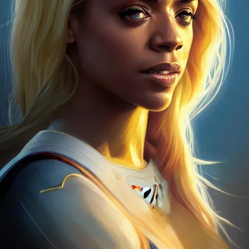 Prompt: Maisie Richardson-Sellers with blonde hair as Super Girl, western, D&D, fantasy, intricate, elegant, highly detailed, digital painting, artstation, concept art, matte, sharp focus, illustration, art by Artgerm and Greg Rutkowski and Alphonse Mucha