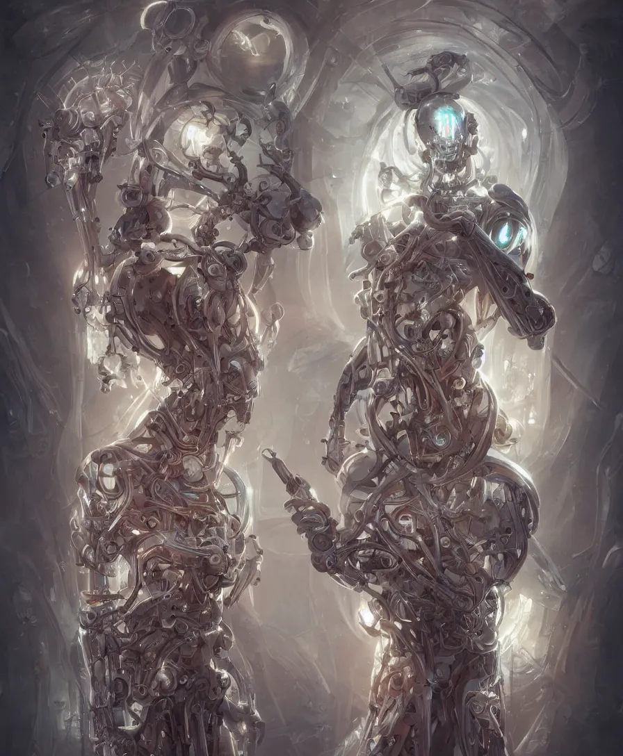 Prompt: symmetrical artwork. portrait of one biomechanical lich with transparent skin made of glass, artgerm, wlop, halo, octane render, peter mohrbacher, artstation