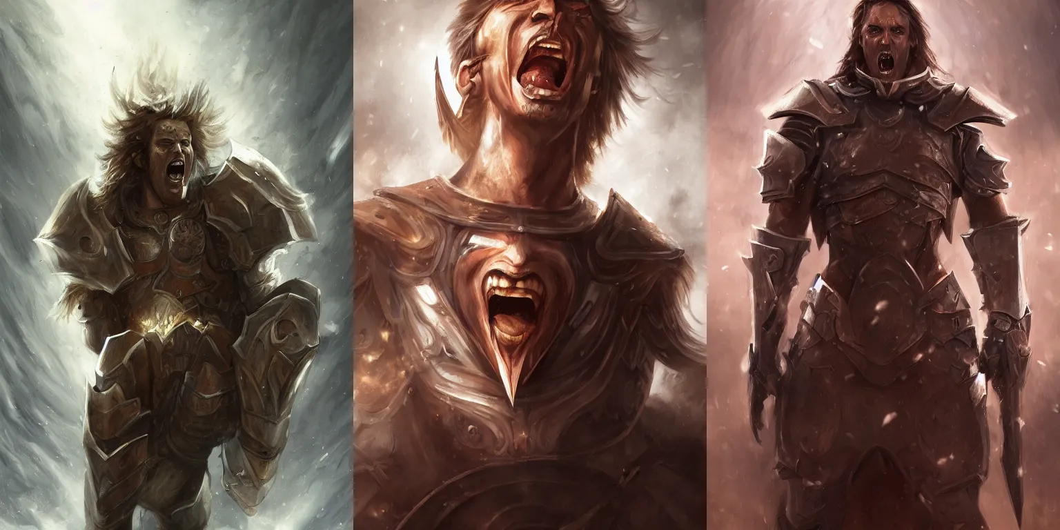 Image similar to half - length portrait of a human male paladin, screaming, emotions, dramatic. fantasy, digital painting, hd, detailed.