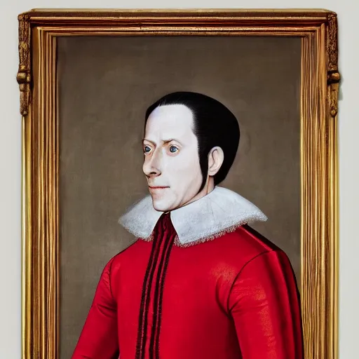 Image similar to a highly detailed portrait of miles edgeworth from ace attorney, inside a room with thick red tapestries, oil painting by hans holbein and alessandro allori and richard burbage