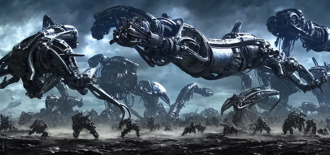 Prompt: epic army of chrome robots battle creatures on alien planet, landscape, alex ross, neal adams, david finch, war, concept art, matte painting, highly detailed, rule of thirds, dynamic lighting, cinematic, detailed, denoised, centerd