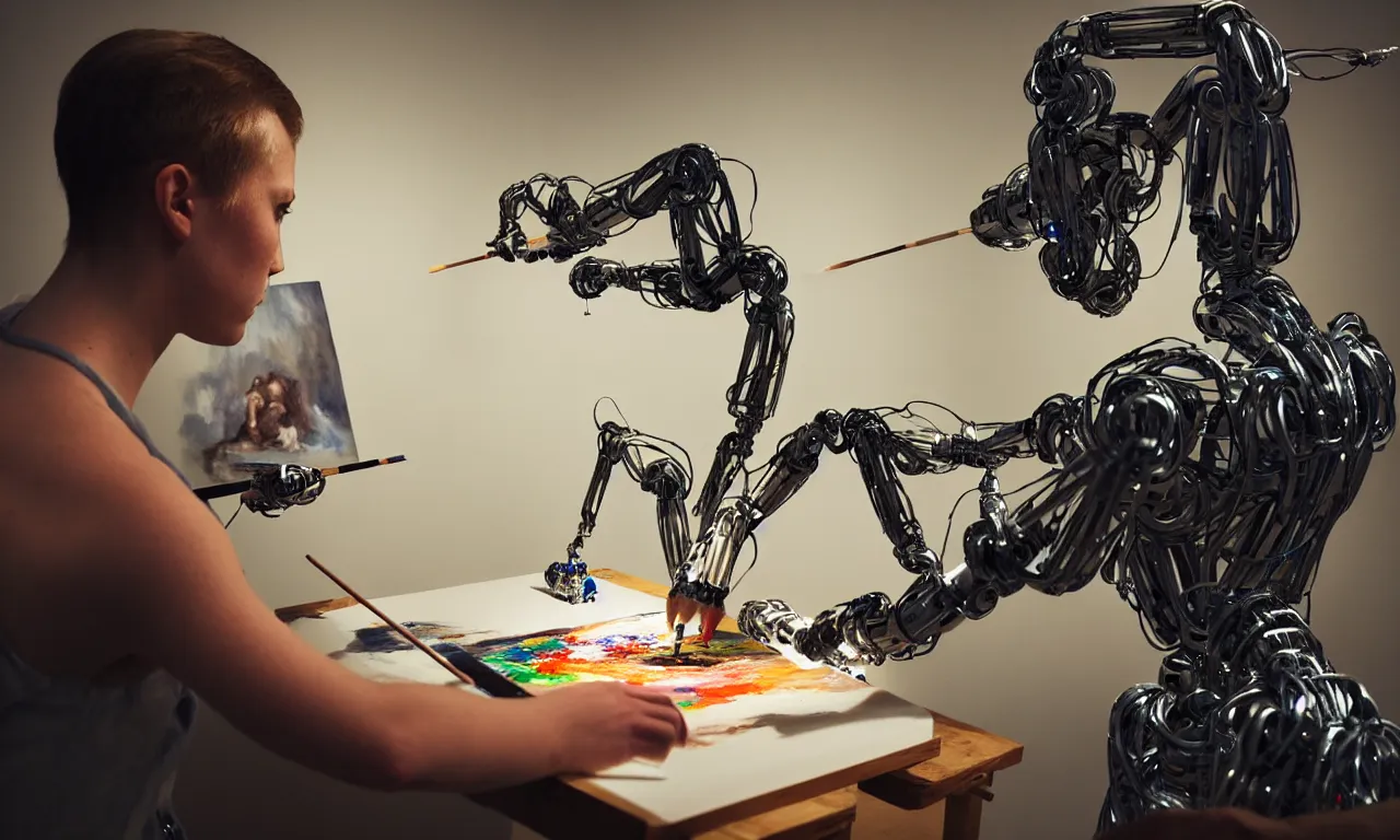 Prompt: over the shoulder studio portrait photography of a robot carefully painting an oil painting. photorealistic. intricate details. 3 5 mm photograph. dramatic lighting. action shot. absolute focus. masterpiece.