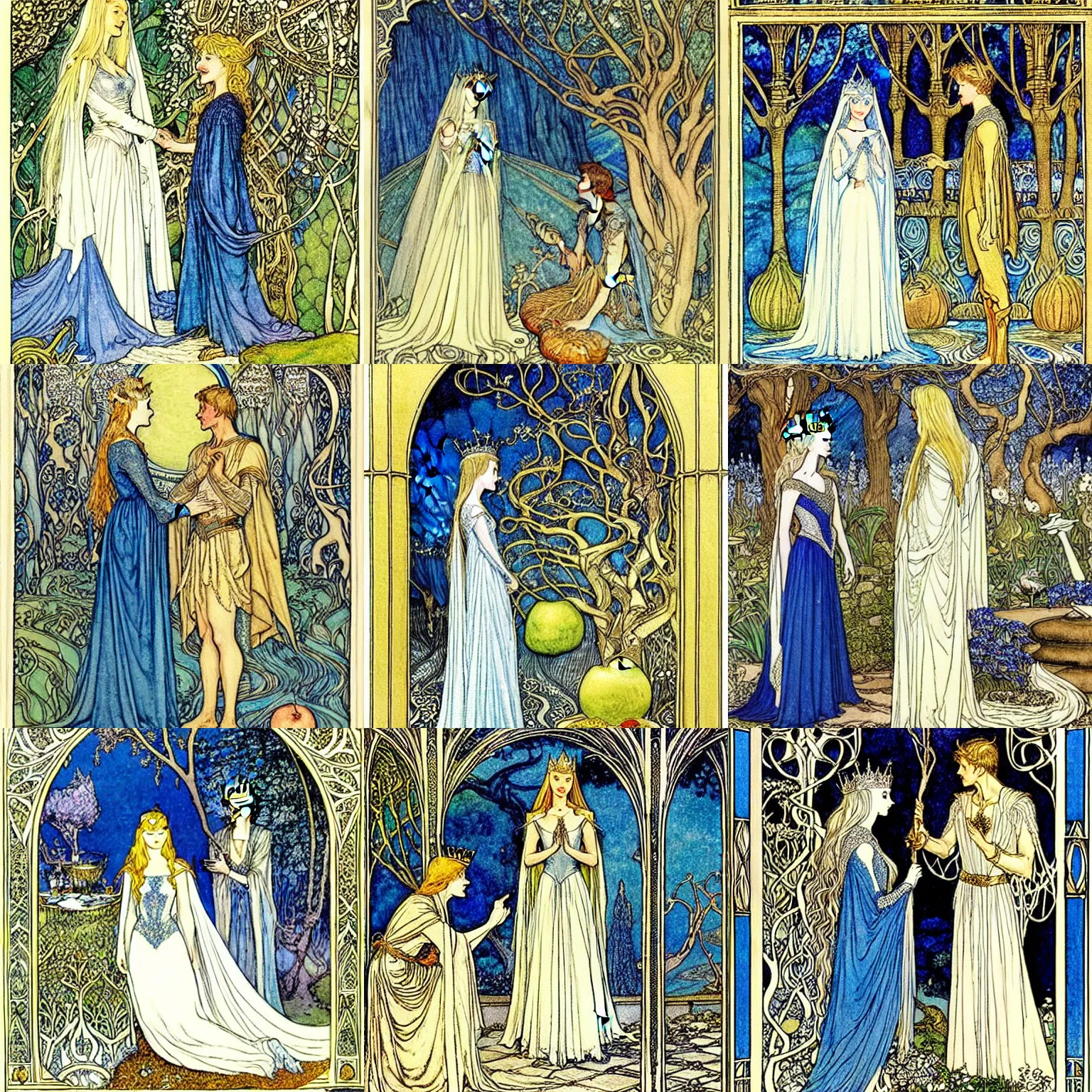 Prompt: Queen Galadriel meets with a prince, the background is a golden apple tree, detailed, blue tones, silver, romantic, intricate fairy tale illustration from an old book by Walter Crane, Florence Harrison and Arthur Rackham