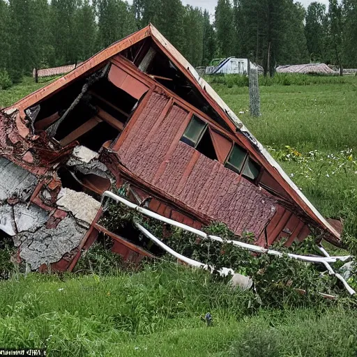 Prompt: a large funnel formed on the territory of an old village house in Russia as a result of a rocket hit where people gathered to photograph it