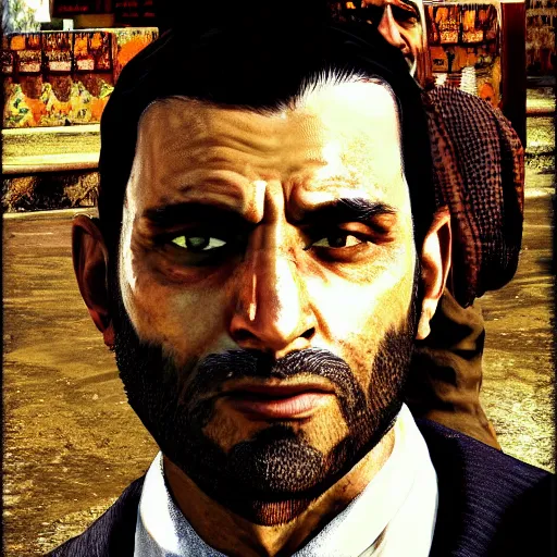 Prompt: kashmiri man, closeup, GTA V poster, sharp focus, aesthetic!!!!!!!, ultra HD, 8k, highly detailed, intricate, elegant,