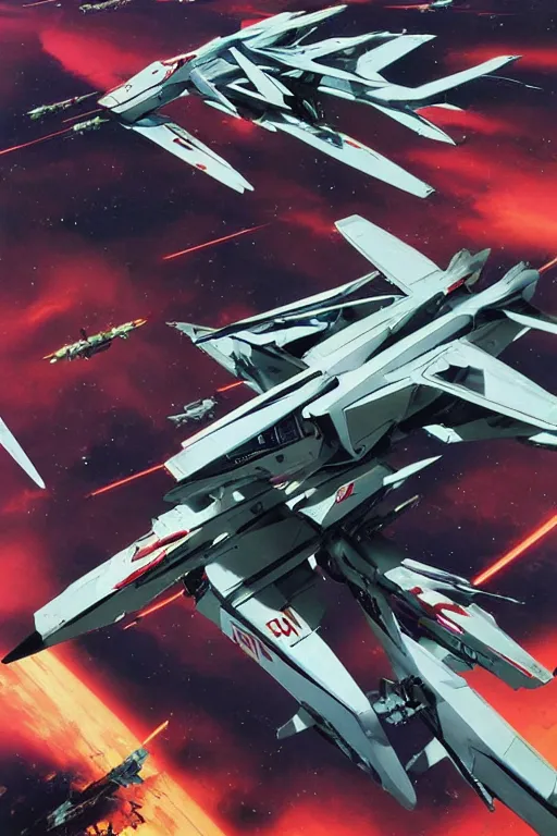 Image similar to a group of vf - 1 valkyrie robotech veritech fighters flying next to each other, poster art by syd mead, behance, retrofuturism, dynamic composition, poster art, glitch art