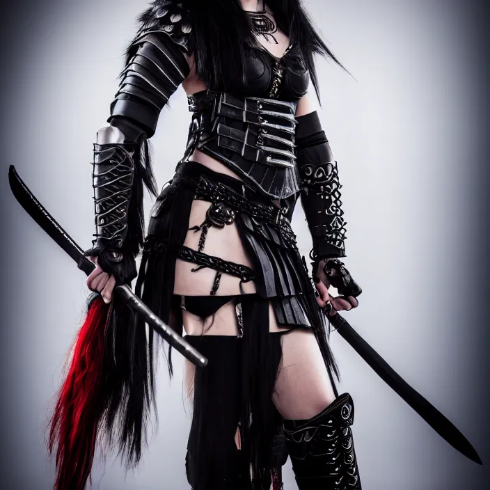 Image similar to professional full length photograph of a beautiful female emo warrior. Extremely detailed. 8k