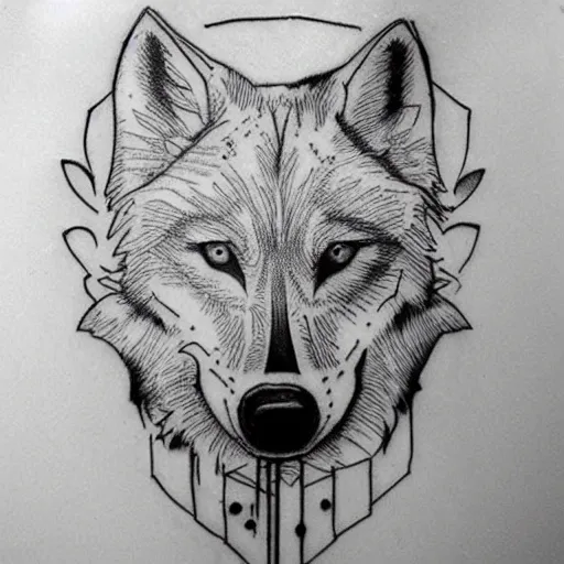 Prompt: tattoo stencil. pencil line drawing, black and white, wolf