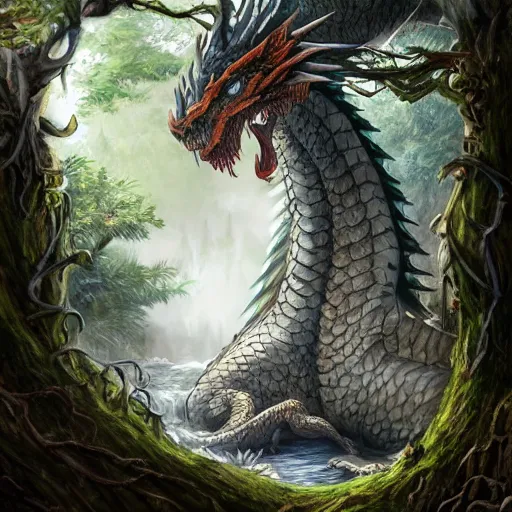 Image similar to a gargantuan dragon idly standing in a forest, peacefully drinking river water, intricately defined, complexly detailed, robustly ordinated, artist concept art, artist interpretation, trending on artstation, digital art, 4 k quality
