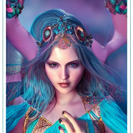 Prompt: Aphrodite Goddess of Love, intricate and vibrant natural colours, Tarot Card, seductive, erotic, tempting, portrait, character photography, Incredible blue and aqua illustration, Exquisite detail, octane render, 8k, post-processing