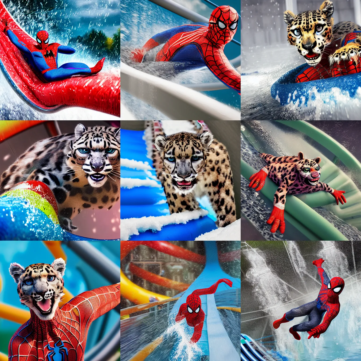 Prompt: a closeup photorealistic photograph of a colorful knitted spider man themed snow leopard riding down a water slide. splashing. professional capture. bright scene. this 4 k hd image is trending on artstation, featured on behance, well - rendered, extra crisp, features intricate detail, epic composition and the style of unreal engine.