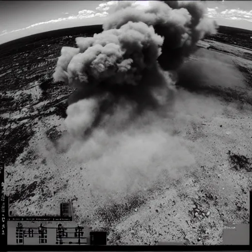 Image similar to combat drone strike war footage, ir, infrared color, saturated with green tint, very high contrast, nuclear cloud, high angle vertical, dirty, grainy, noisy, bad drone camera, airwaves, static,