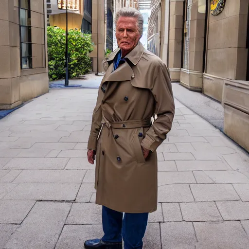 Image similar to robert stack wearing a trench coat unsolved mysteries spilled a drink in his lap, ( sony a 7 r iv, symmetric balance, polarizing filter, photolab, lightroom, 4 k, dolby vision, photography awardm, voque, perfect face )