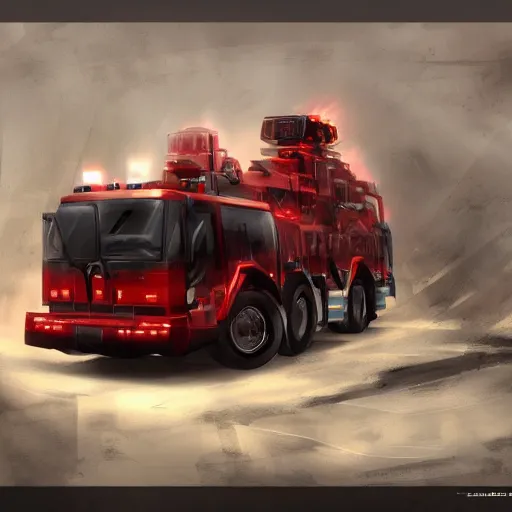 Image similar to future dystopian commercial firetruck, concept art, trending on artstation