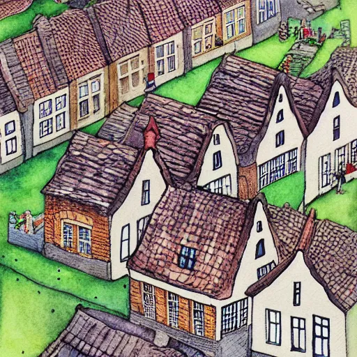 Image similar to a building in a typical dutch village. isometric aerial view. whimsical watercolor illustration by anton pieck. very detailed