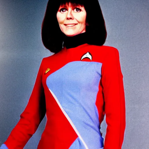 Image similar to a full body photograph of 1 9 7 0 s doctor who elisabeth sladen as a star fleet science officer from star trek next generation, full dress uniform, symmetrical face, extreme realism and detail, 8 k, completely framed, direct lighting, 3 5 mm photo, photorealistic, sharp focus