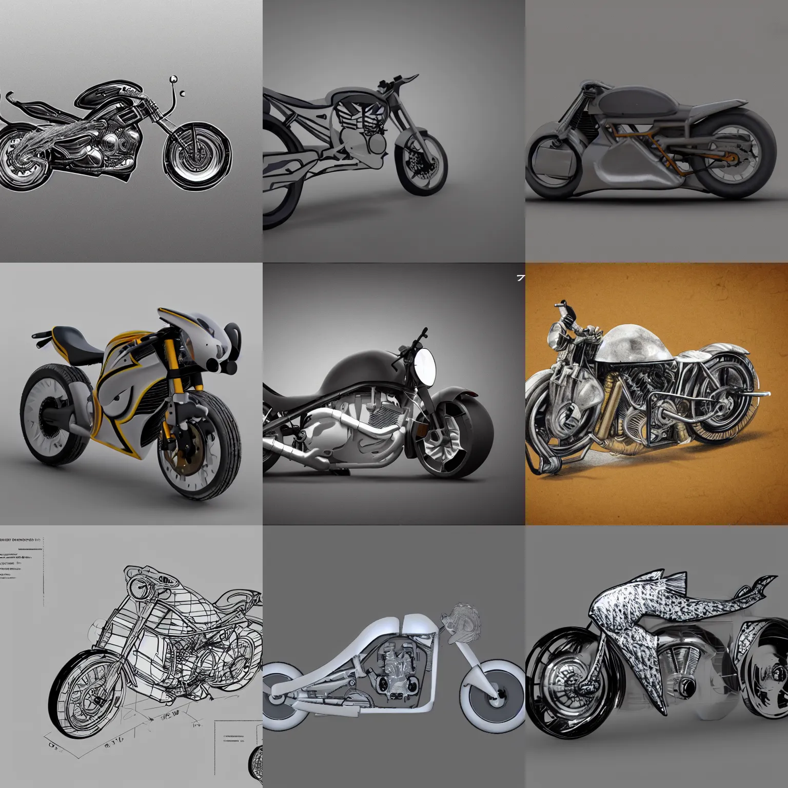 Prompt: fish in the shape of a motorbike, Archviz, technical drawing