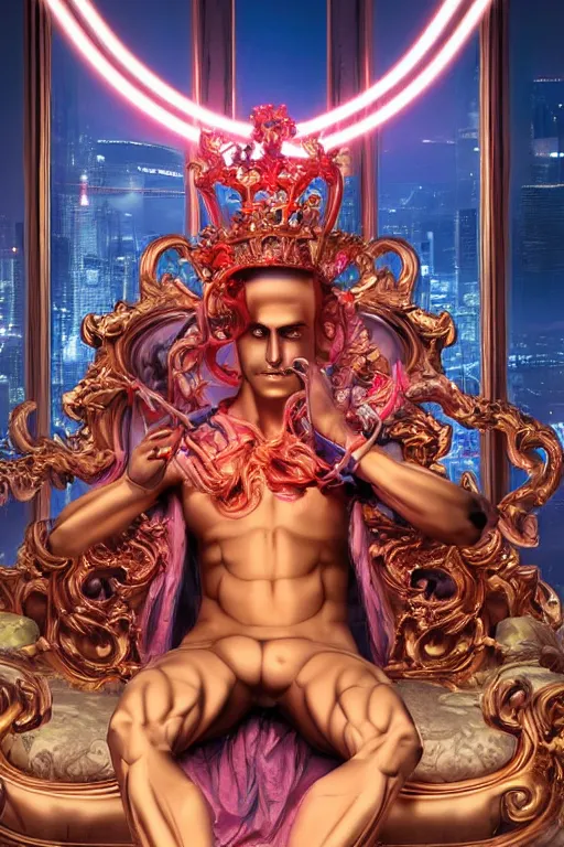 Image similar to full-body rococo and cyberpunk style neon statue of a muscular attractive Spanish papi sim roupa macho dotado e rico android sim roupa reclining con las piernas abiertas e la piroca dura e afuera, glowing red laser eyes, prince crown of red gears, diamonds, swirling black-colored silk fabric. futuristic elements. full-length view. aggressive space robots. giant balloon animals. human skulls. intricate artwork by caravaggio. Trending on artstation, octane render, cinematic lighting from the right, hyper realism, octane render, 8k, depth of field, 3D