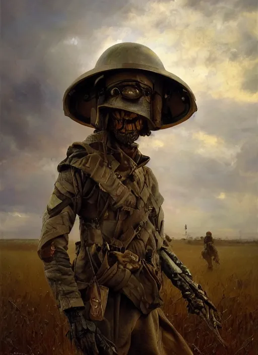 Prompt: a soldier's helmet hung over a scarecrow in the middle of a battlefield. by Daniel F. Gerhartz, hyperrealistic oil painting, 4k, studio lightning, very detailed face