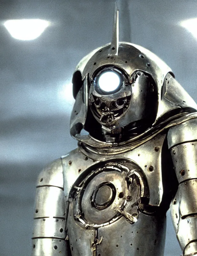 Prompt: movie still of a ornate mechanical warforged with circular glowing eye holding a legendary paladin engraved holy great longsword and carrying a huge heavy paladin shield, face in focus, cinematic lighting from the movie THX 1138 (1971)