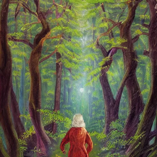 Image similar to a painting of a person walking through a forest, a storybook illustration by jon coffelt, pixiv contest winner, metaphysical painting, storybook illustration, acrylic art, oil on canvas