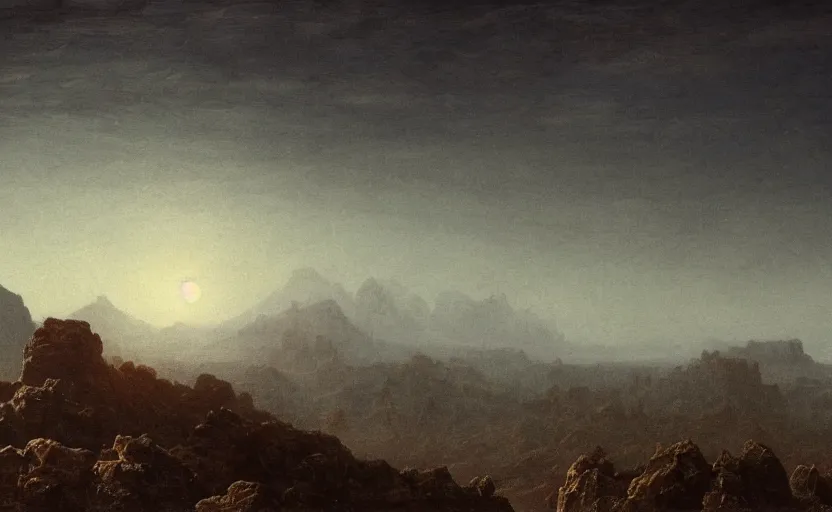 Image similar to plutonian landscape, very dim, close up shot, rocky, at dusk, distant mountains, 4k, rule of thirds, extreme detail, hazy, intricate ink illustration, surreal, surrealist, trending on artstation, cgsociety, hd, calm, complimentary colours, realistic lighting, by Albert Bierstadt, Frederic Edwin Church.