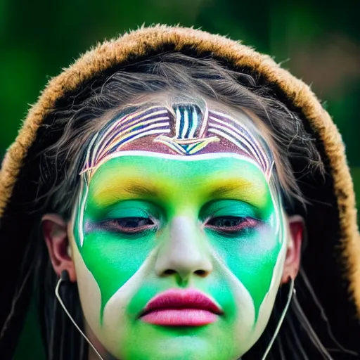 Image similar to minimalist photography portrait of an elaborately adorned female shaman warrior, face paint, symmetrical, super close up, mid thirties, cute round green slanted eyes, porcelain skin, wide nostrils, chubby cheeks, high flat eyebrows, ethereal essence, angelic, leica 1 0 0 mm f 0. 8