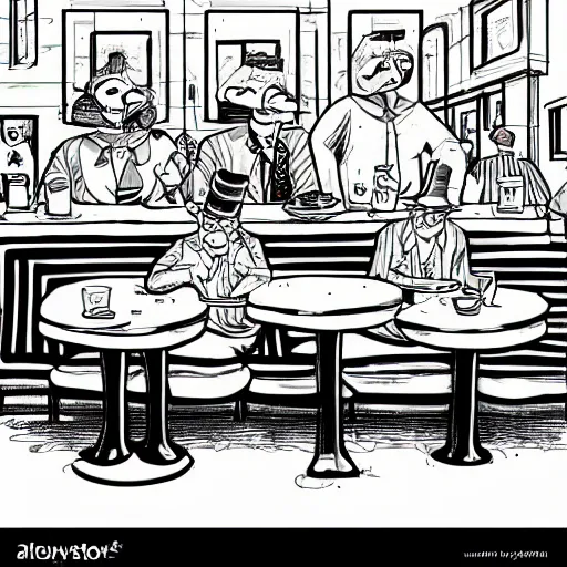 Image similar to terry gilliam style cartoon of nighthawks at the diner