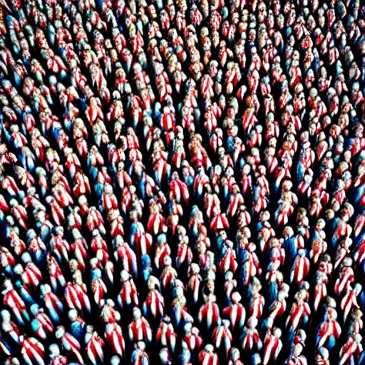 Image similar to hyperrealistic photography of highly detailed where's wally? by martin handford wiew from above