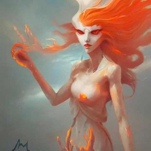 Image similar to prompt A beautiful portrait of a white red orange kumiho, backlit, concept art, matte painting, by Peter Mohrbacher