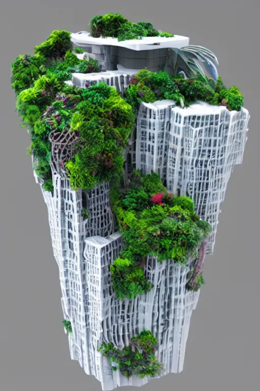 Image similar to 3 d printed physical model organic flowy including more than one city into one vertical building model that sits on a table in a room with a view back, multiple stories, transparent, with vegetation, colorful, eye - level view, 8 0 k, octane render, highly detailed 3 d render,