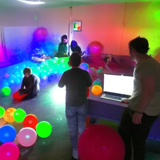 Prompt: experimental photo at the goulash programming night 3 2, hacker event, rainbow led lights, plastic ball pool, 3 d printers, laptops