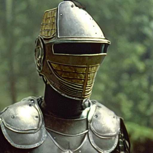 Image similar to a knight wearing a frog helmet, film still, arriflex 3 5