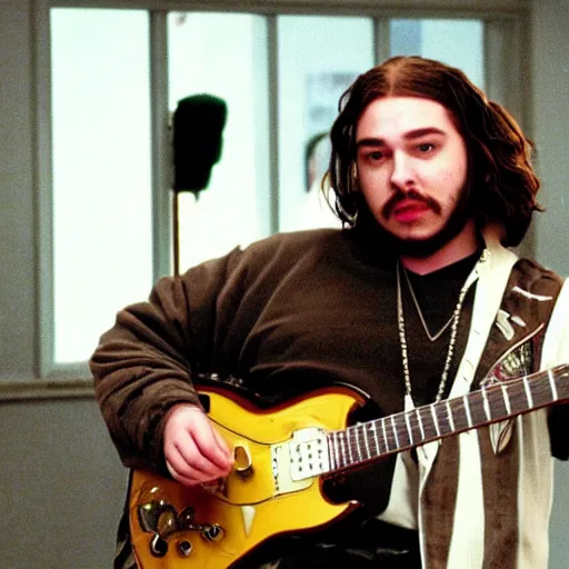Image similar to a film still of Post Malone starring as Dewey Finn in School Of Rock (2003)