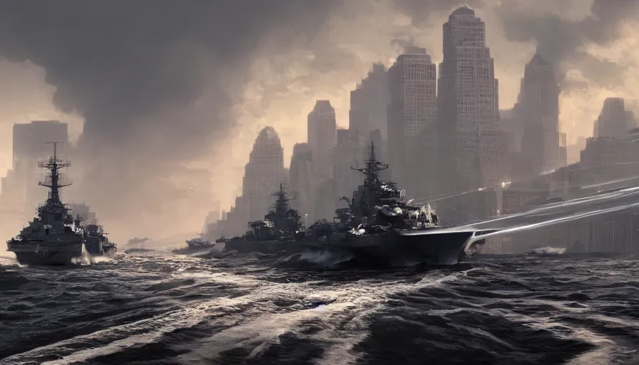 Image similar to aircraft cruiser crossing half - drowned new - york streets after huge tsunami, hyperdetailed, artstation, cgsociety, 8 k