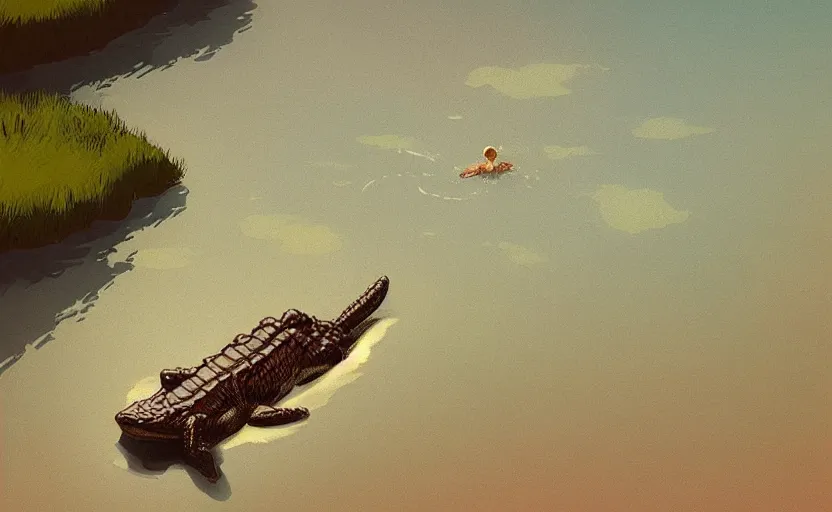 Image similar to a cute alligator swimming in a river by Atey Ghailan, dreamy digital art illustration, trending on artstation