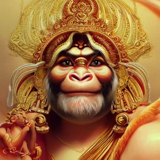 Image similar to ultra realistic illustration, ramamayana hanuman, intricate, elegant, highly detailed, digital painting, artstation, concept art, smooth, sharp focus, illustration, art by artgerm and greg rutkowski and alphonse mucha