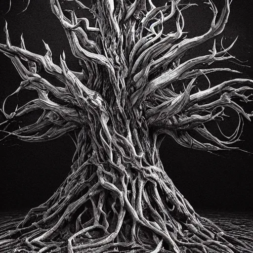 Image similar to Photorealistic demonic eldritch tree in the style of Michael Whelan and Gustave Dore. Hyperdetailed photorealism, 108 megapixels, amazing depth, glowing rich colors, powerful imagery, psychedelic Overtones, 3D finalrender, 3d shading, cinematic lighting, artstation concept art