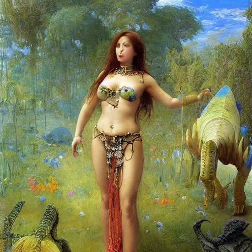 Prompt: epic masterpiece full body portrait a beautiful woman belly dancer, standing next to baby stegosaurus in a garden, by Edgar Maxence and Ross Tran and Michael Whelan