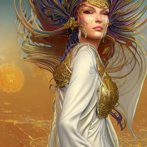 Prompt: a beautiful woman wearing white kaftan with golden ornaments by alex gray and android jones , Karol Bak, Ayami Kojima, Amano , concept art, character design, fantasy,3D, 8k resolution