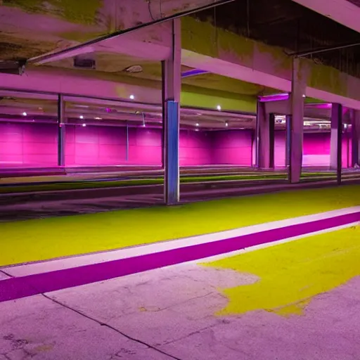 Prompt: nostalgic lonely underground IKEA parkinglot, magenta colored lighting, vibrant.