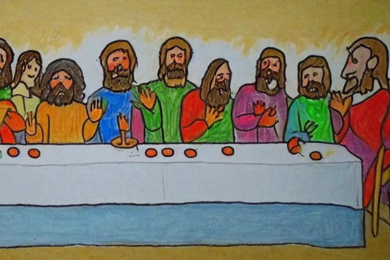 Image similar to Kids crayon drawing of the last supper